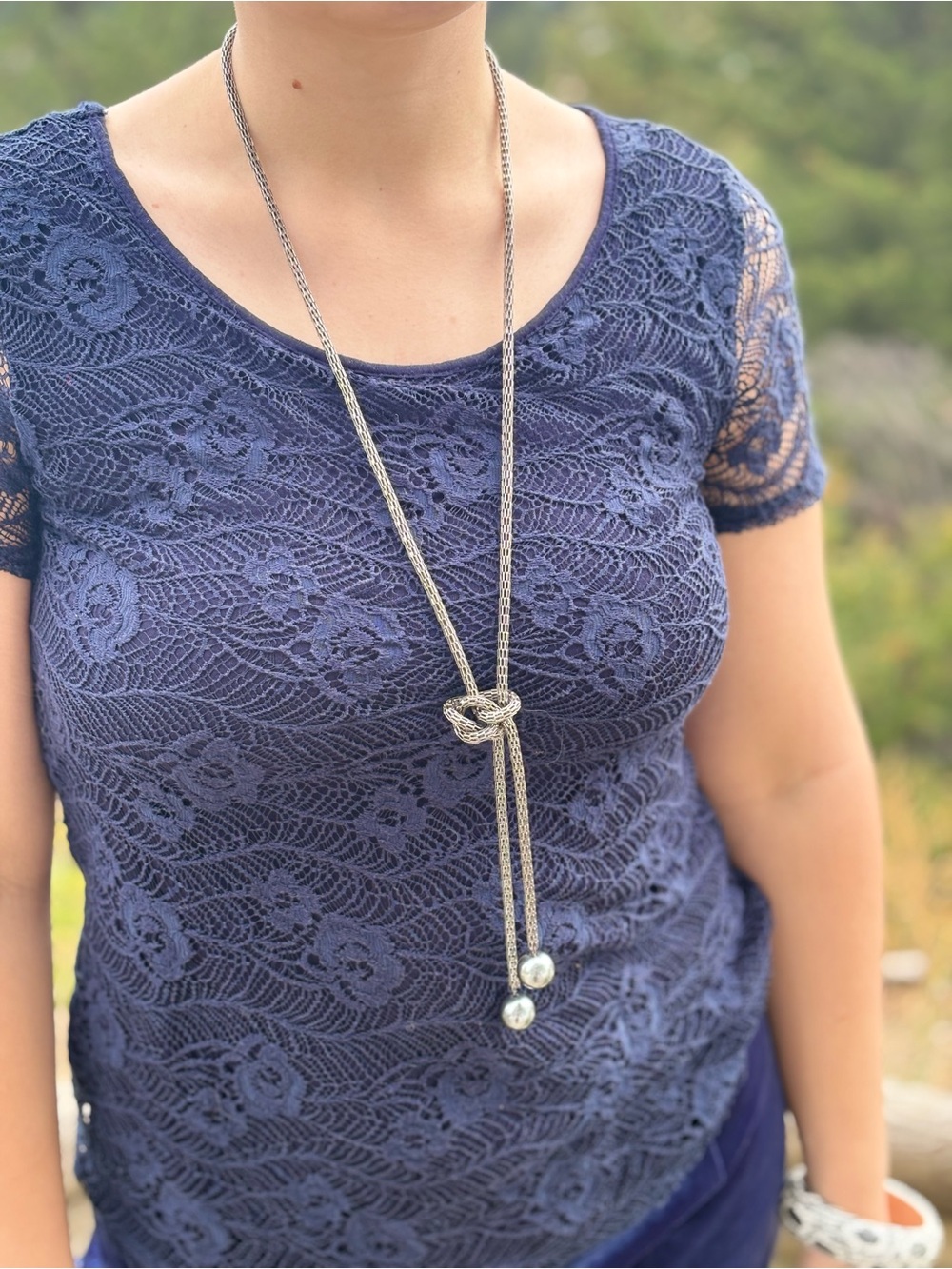Long Vintage Mesh Silver Tone Necklace